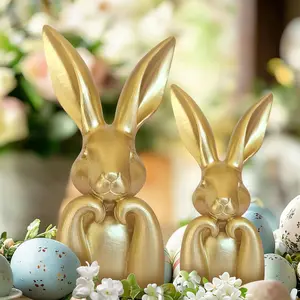 Easter Decorations for Home, Mini Resin Golden Bunnies Spring Sculpture Tabletop Ornament, Vintage Brass Rabbit Decor for Table Centerpieces Mantel Decor