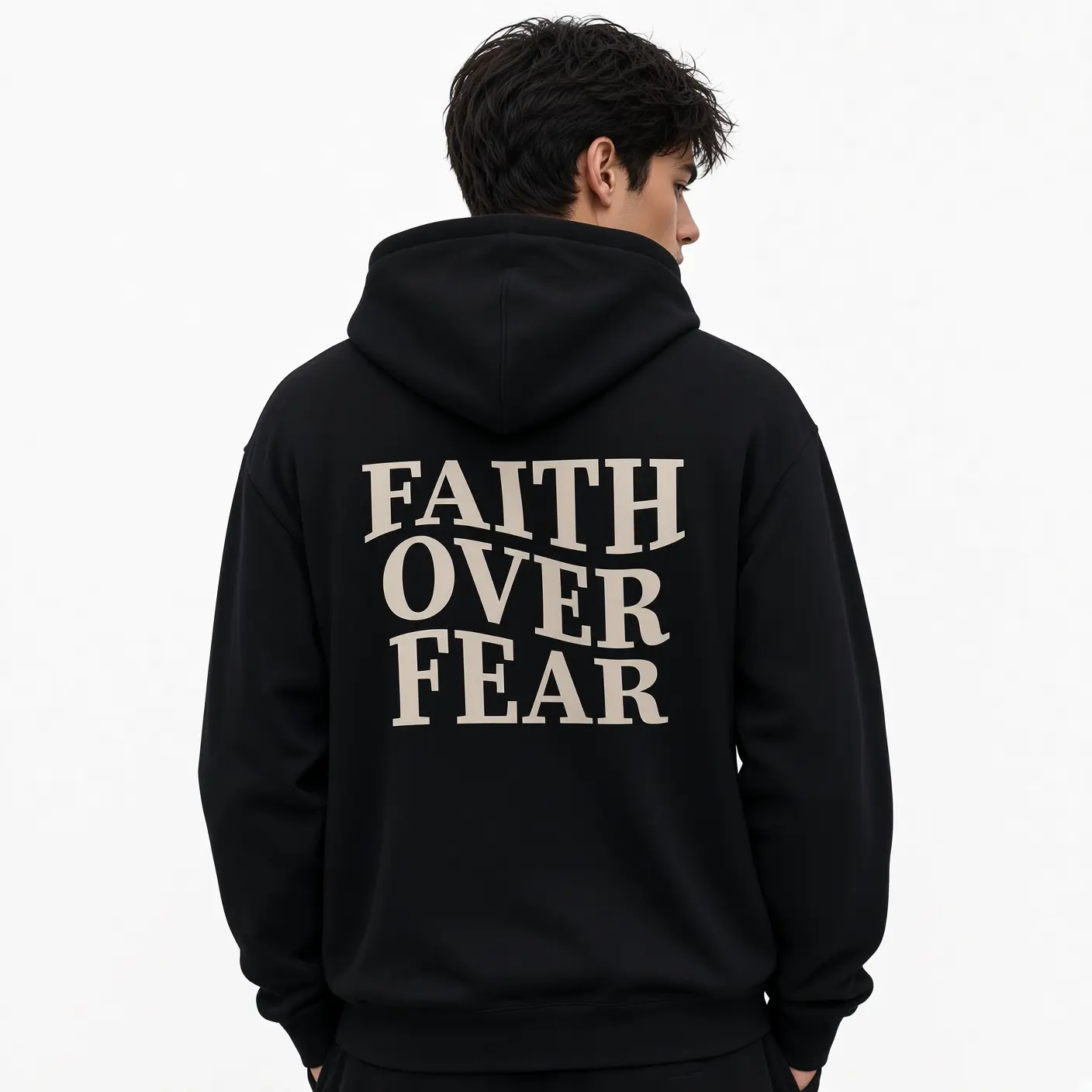 Men's Faith Over Fear Graphic Hoodie - Bible Verse Oversized Streetwear Pullover, Soft Heavyweight Fleece Casual Sweatshirt for Daily Wear, Back to School Campus Style, Machine Washable Mens Tops Biker Menswear Sweatshirts Menswear