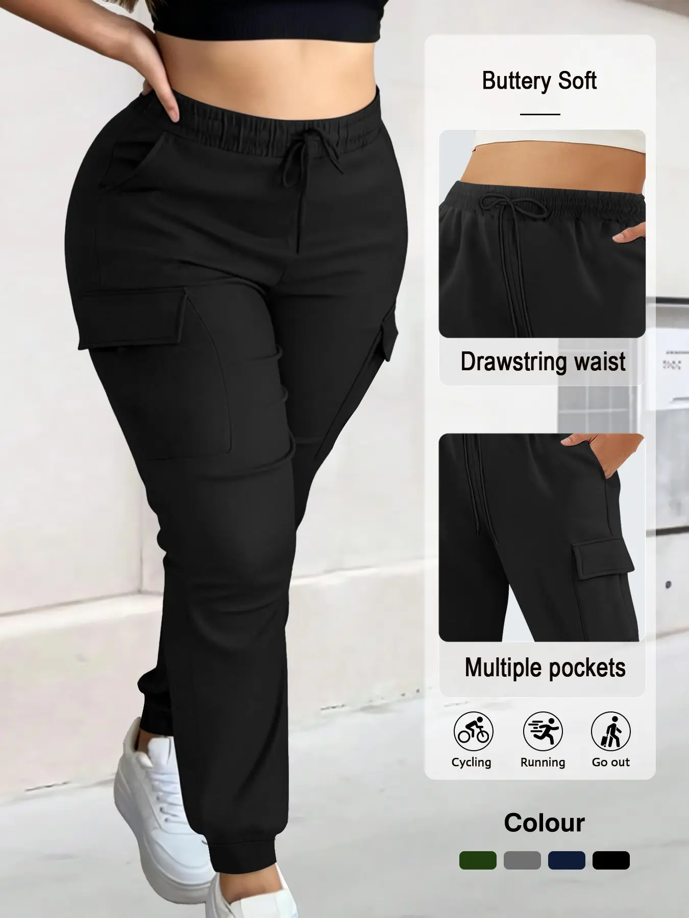 Women's Plus Size Fashion Solid Color Cargo Pants with Pockets, Waist Drawstring Elastic Design, Comfortable Soft Casual Wear, Perfect for Christmas, Adjustable