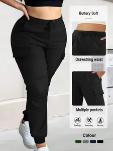 Women's Plus Size Fashion Solid Color Cargo Pants, Waist Drawstring Elastic Design, Comfortable Casual Wear, Perfect for Christmas