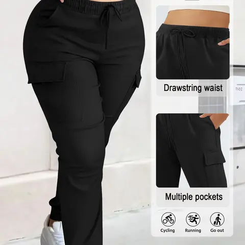 Women's Plus Size Fashion Solid Color Cargo Pants with Pockets, Waist Drawstring Elastic Design, Comfortable Soft Fabric Casual Wear, Perfect for Christmas