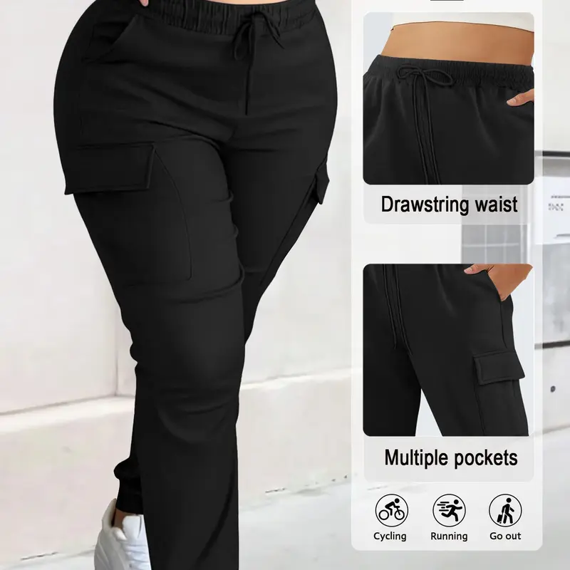 Women's Plus Size Fashion Solid Color Cargo Pants with Pockets, Waist Drawstring Elastic Design, Comfortable Soft Fabric Casual Wear, Perfect for Christmas