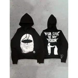 Black hooded sweatshirt with “Your Love Is My Poison” graphic and mask print, Y2K streetwear hoodie, suitable for casual everyday wear and TikTok trends GARMENTARY