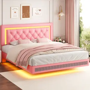【Floating】TryLazy Floating Bed Frame with LED Lights Upholstered Modern Platform Bed Diamond Tufted Headboard Noise Free Comfort