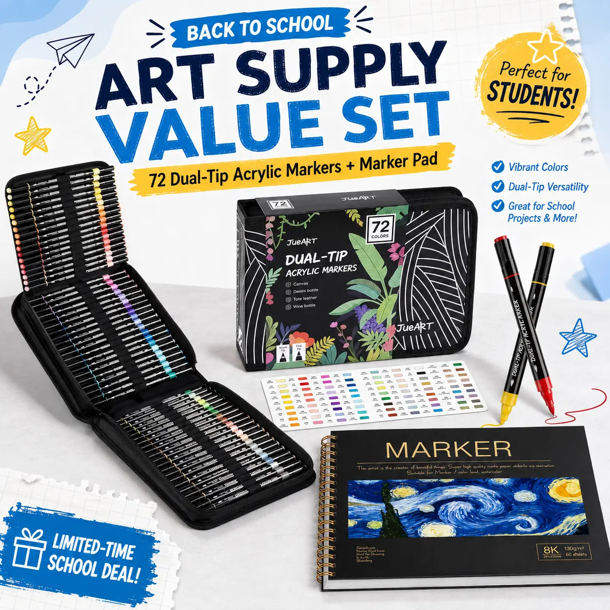 [Back to School Shopping] Dual-Tip Acrylic Markers Set - 72/48/36 Colors, Brush & Fine Tips, Premium for Multiple Surfaces, W/ Painting Bag, Stickers, Practice Booklet, Art Marker Pens, Crafting Kit for Kids Crafting, Paint Night, Creative Vibes