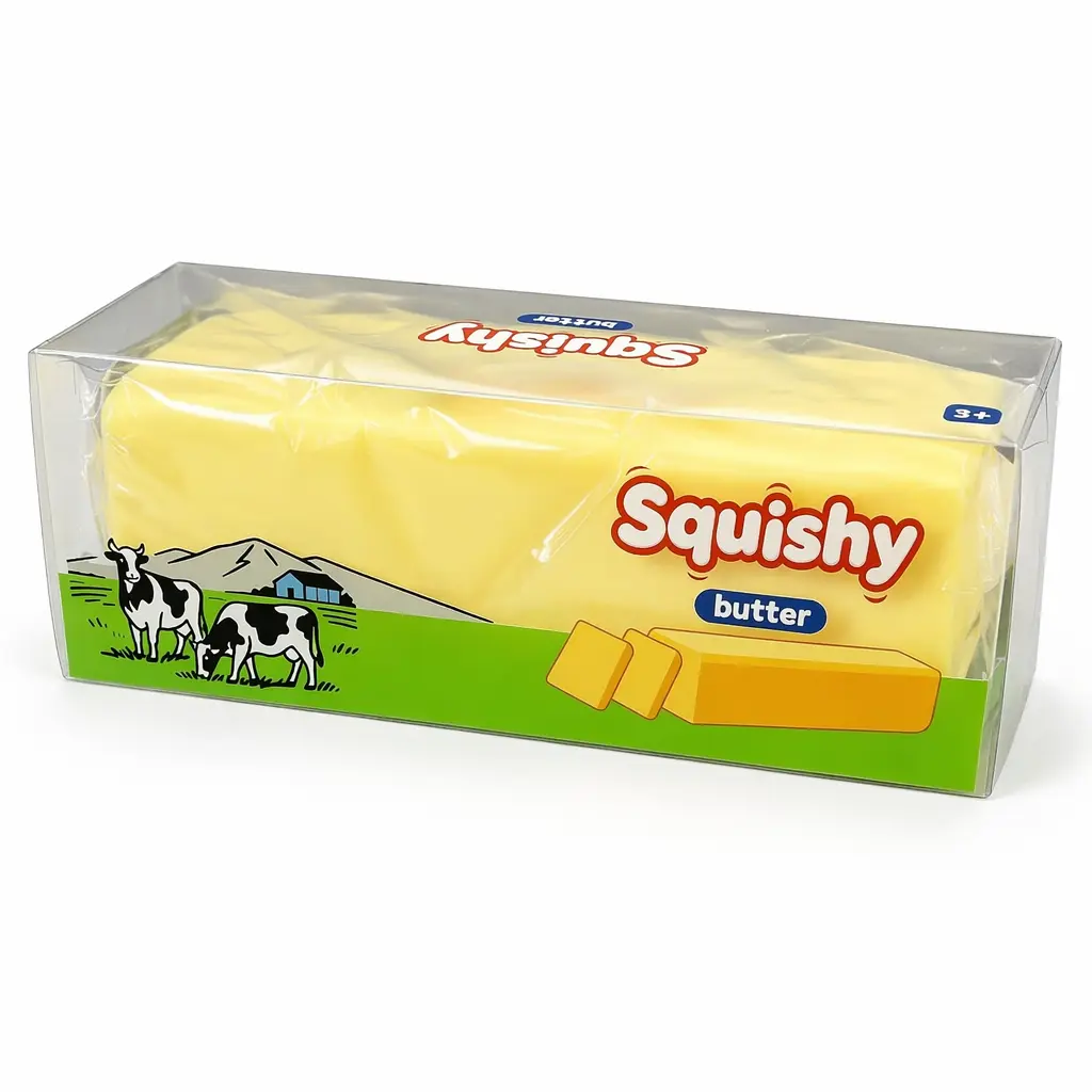 Satisfying butter squishy toy with a crispy peelable shell and soft slow-rising center, perfect for squeezing, relaxing, and relieving everyday stress.