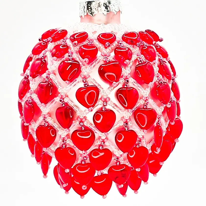 Red Hearted Ball 000: Glass Ornament with Matte Pink Beads and Red Heart Beads 2.65x3.5 Inches Decorative Beaded Ornament in Protective Box