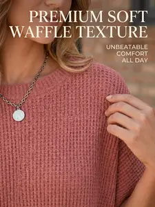 Women’s Oversized Batwing Sleeve Knit Top - Lightweight Waffle Knit Crewneck T-Shirt Casual Loose Fit Summer Side Slit Tunic Sweater Skinny