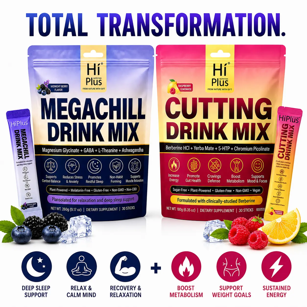 HiPlus Total Transformation Bundle – MEGACHILL + CUTTING Drink Mix | Relaxation, Sleep, Energy & Metabolism Support