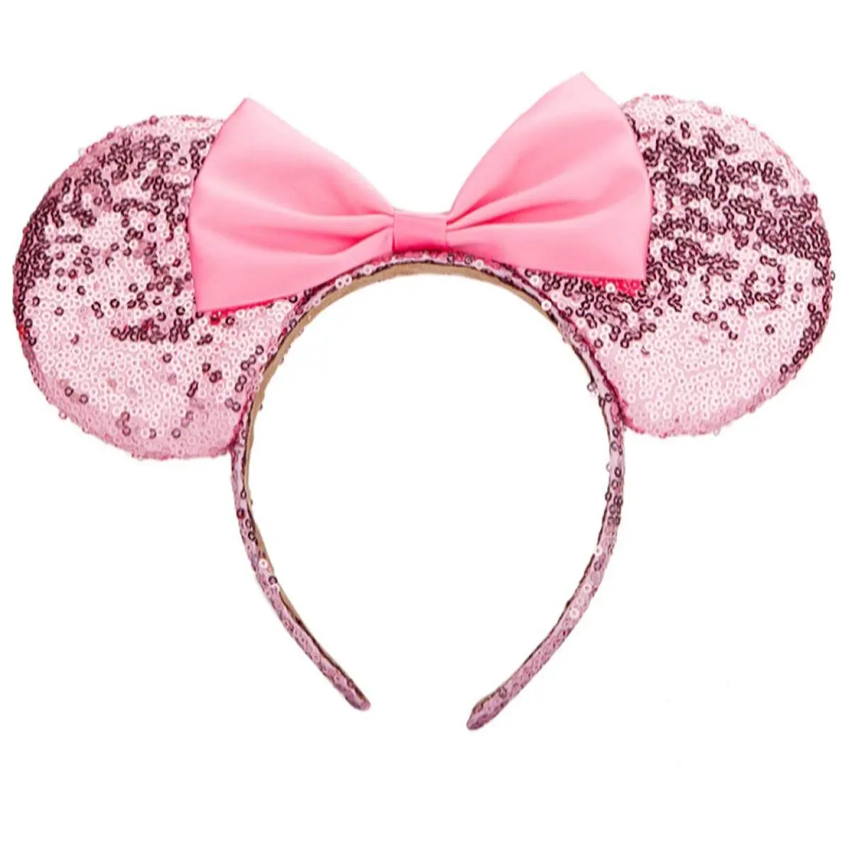 Minnie Ears Headband,Sequin Mouse Ears Headband with Bow Hairs Accessories for  Women Adult  Birthday Party (Pink)