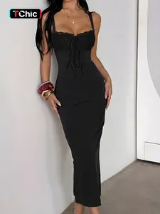 Lace Patchwork Split Back Strap Dress, Fitted Plain Casual Style, Women's Fashionable Chic Feminine Evening Wear, Elegant and Comfortable Design