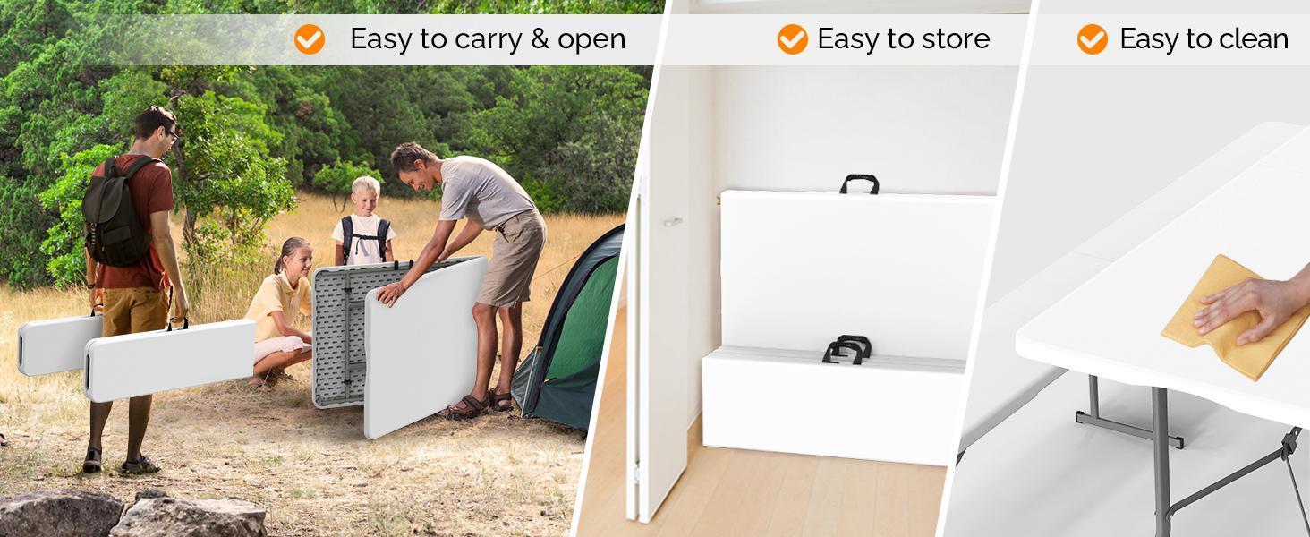 VINGLI Picnic Table Set with 2 Benches, 6 Feet Camping Table Chair Set,3-Piece Folding Furniture for Indoor or Outdoor Use, Smooth Tabletop, White