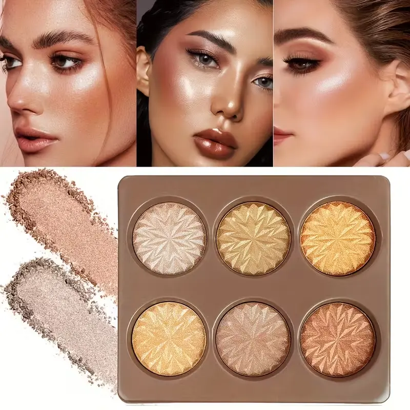 6-Color Fine Shimmer Highlighter Powder Compact, Multicolor Cosmetic Face Makeup for Radiant Glowing Dewy Skin - Ideal Gifts for Party Occasions