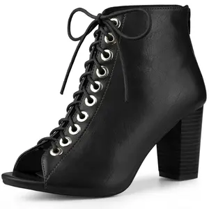 BLISSFUL STEP Peep Toe Lace Up Chunky Heel Ankle Boots for Women