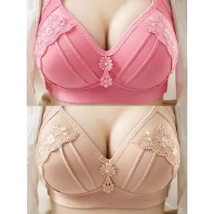 2pcs Mom Brassiere Without Steel Ring Breathable Gathered Ladies Underwear Non-magnetic Thin Cup Glossy Obese Female Ladies BraGift