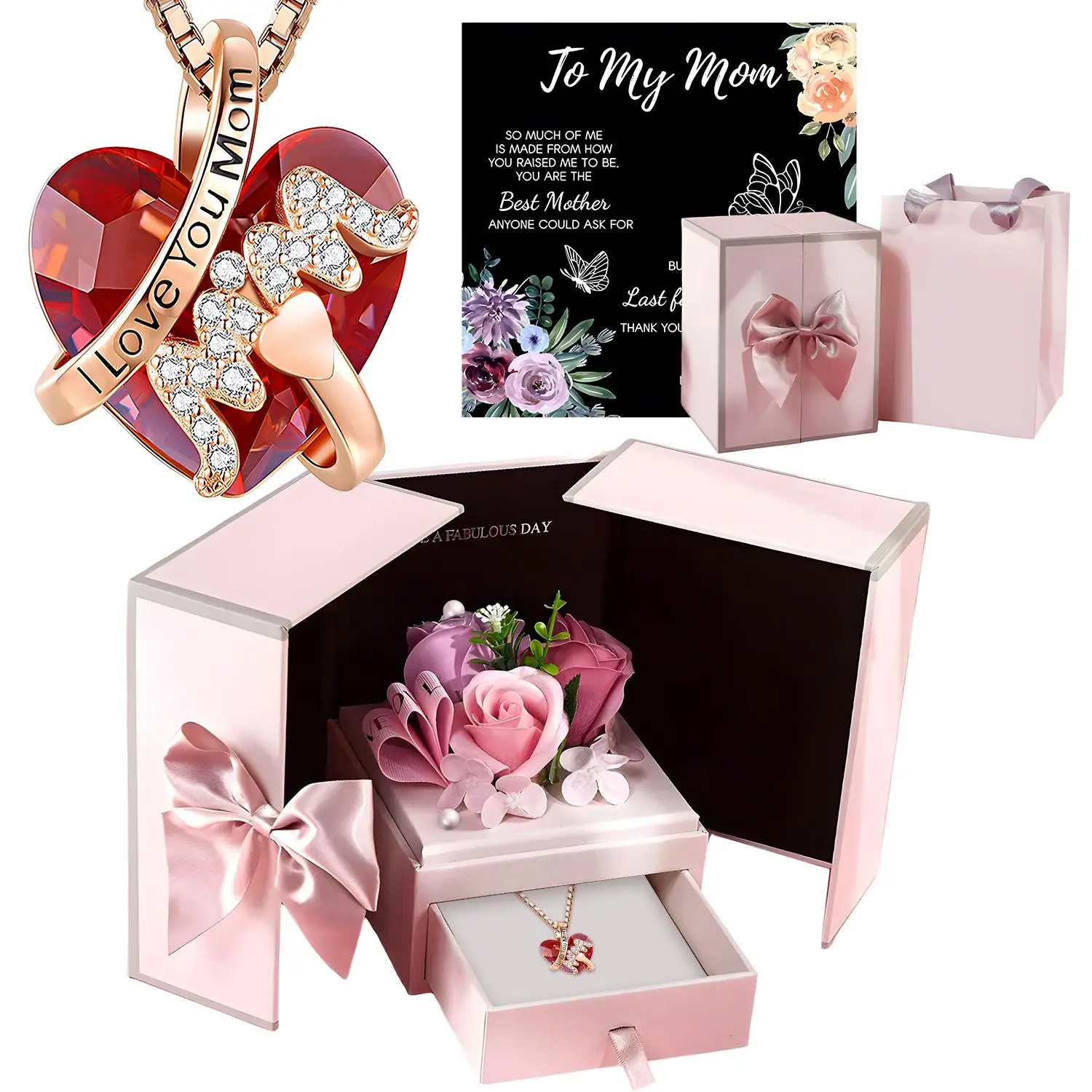 Necklace + Gift Box, 1 Set Rose Gift Box and I Love You Necklace, Rose Gift for Mom, Wife, Girlfriend, Anniversary, Birthday Gift for Women, Halloween