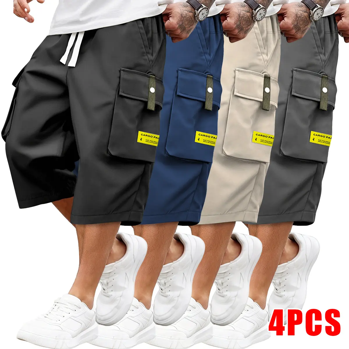 4PCS Men’s Summer Cargo Shorts – “Fashion” brand logo, multiple pockets design, practical work shorts, lightweight breathable casual hiking shorts, outdoor military-style combat shorts, loose fit, suitable for everyday wear, Father’s Day gift idea