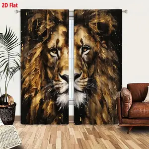 2D Flat Temu 2-Piece Lion Head Impressionistic Painting Blackout Curtains, Golden-Brown & White Color Palette, Thick Textured Mane, Golden Paint Splatters, Dynamic Abstract Decor, Living Room Bedroom Window Drapes, Luxurious Warm Metallic Tones, So