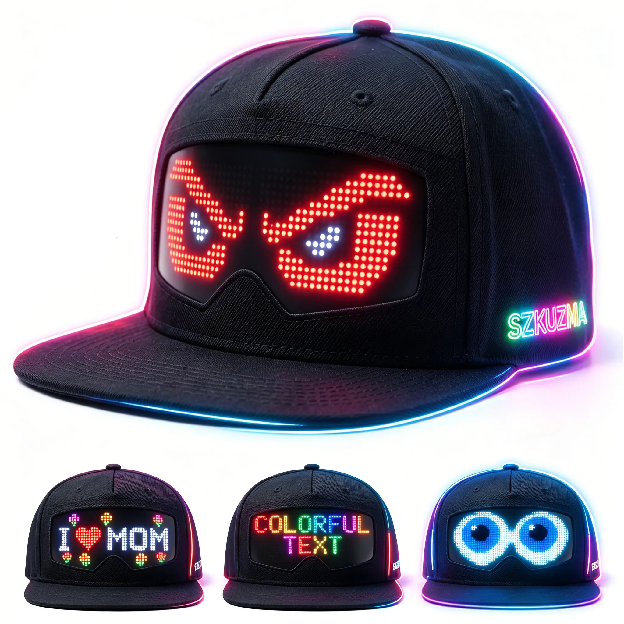 SZKUZMA Programmable LED Baseball Cap - Wireless Connectivity, Smart Voice Control, 16x32 High-Brightness Full-Color Real-Time Text Display, Lithium Battery, Machine-Washable Detachable Design, Festive Party Accessory for Thanksgiving, Movies, Video Games