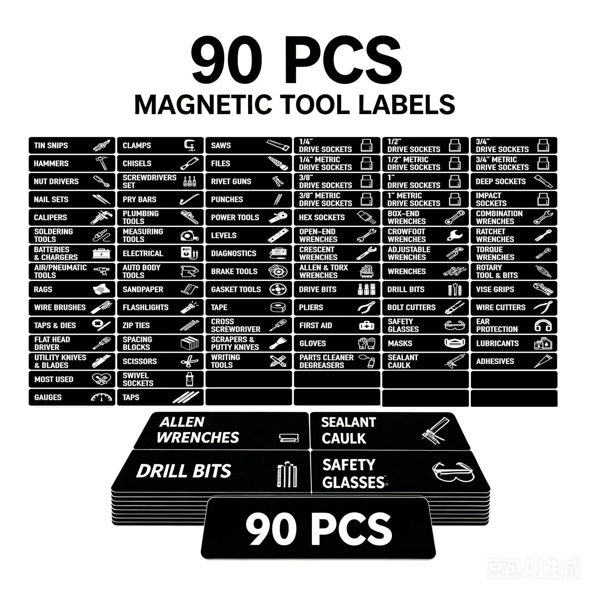 90 PCS Magnetic Toolbox Labels, 82 Pre-Printed & 8 Blank Magnetic Tool Chest Organizer Stickers, Large 3.5”×1” High Contrast Text, Heavy-Duty Magnet Tool Drawer Labels, Perfect for Metal Tool Cabinet Drawer Organization