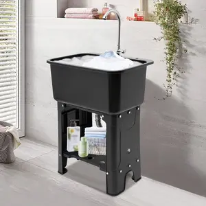 Outdoor Laundry Sink Freestanding Utility Sink with Storage Shelf - Durable Plastic Wash Basin for Balcony and Home Laundry Needs Faucet White