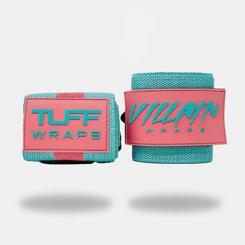 TuffWraps 16" Villain 3" Wide (3 inches) Thumbless Elastic Wrist Straps - Pink & Teal, Silicone Durability, No Cotton/Poly Design, Weightlifting Gym Accessories for Strongman Training (Steadier Wrist Support, Elastic Wristbands)