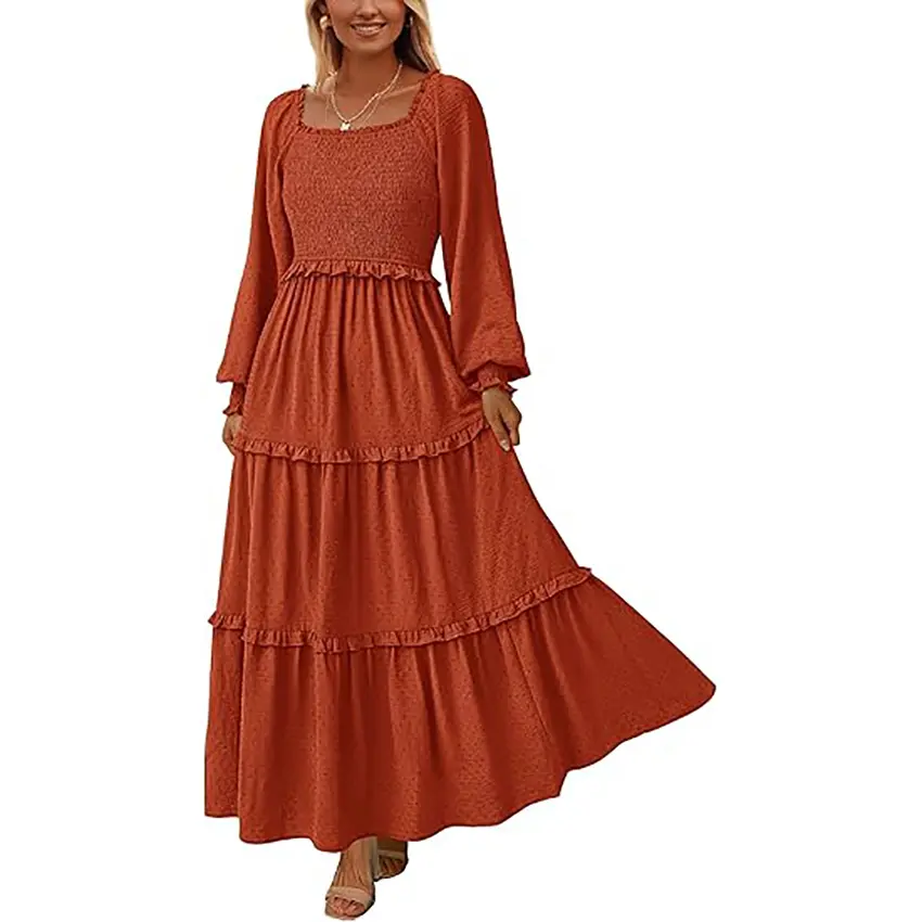 PrettyGarden Women's Long Sleeve Smocked Maxi Dress Casual Square Neck Swiss Dot Tiered Ruffle Flowy Dresses With Pockets