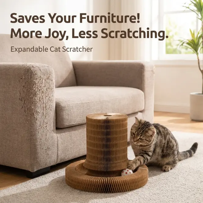 3-in-1 Foldable Cat Scratcher Toy with Ball Track Expandable Honeycomb Cardboard Cat Bed Interactive Indoor Play Rest Lounge for Cats Kittens