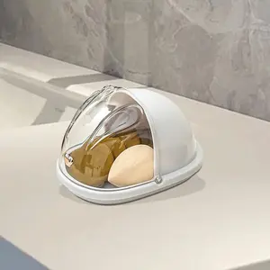 Transparent high-quality cosmetic box with flip cover - modern cosmetic sponge and beauty egg storage box, minimal storage organizer, durable plastic travel portable bathroom dressing table storage box, ladies' gift, simple design, transparent material