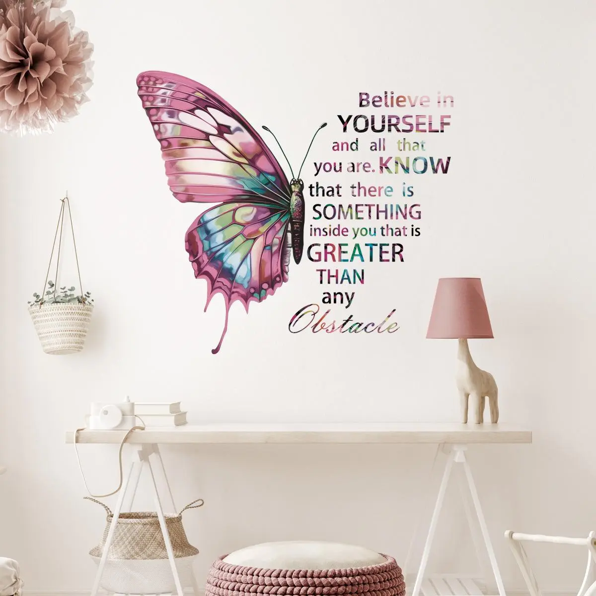 Colorful Butterfly Inspirational English Phrases Self adhesive Detachable PVC Wall Stickers Beautiful Fairy Tale Style Room Deco
