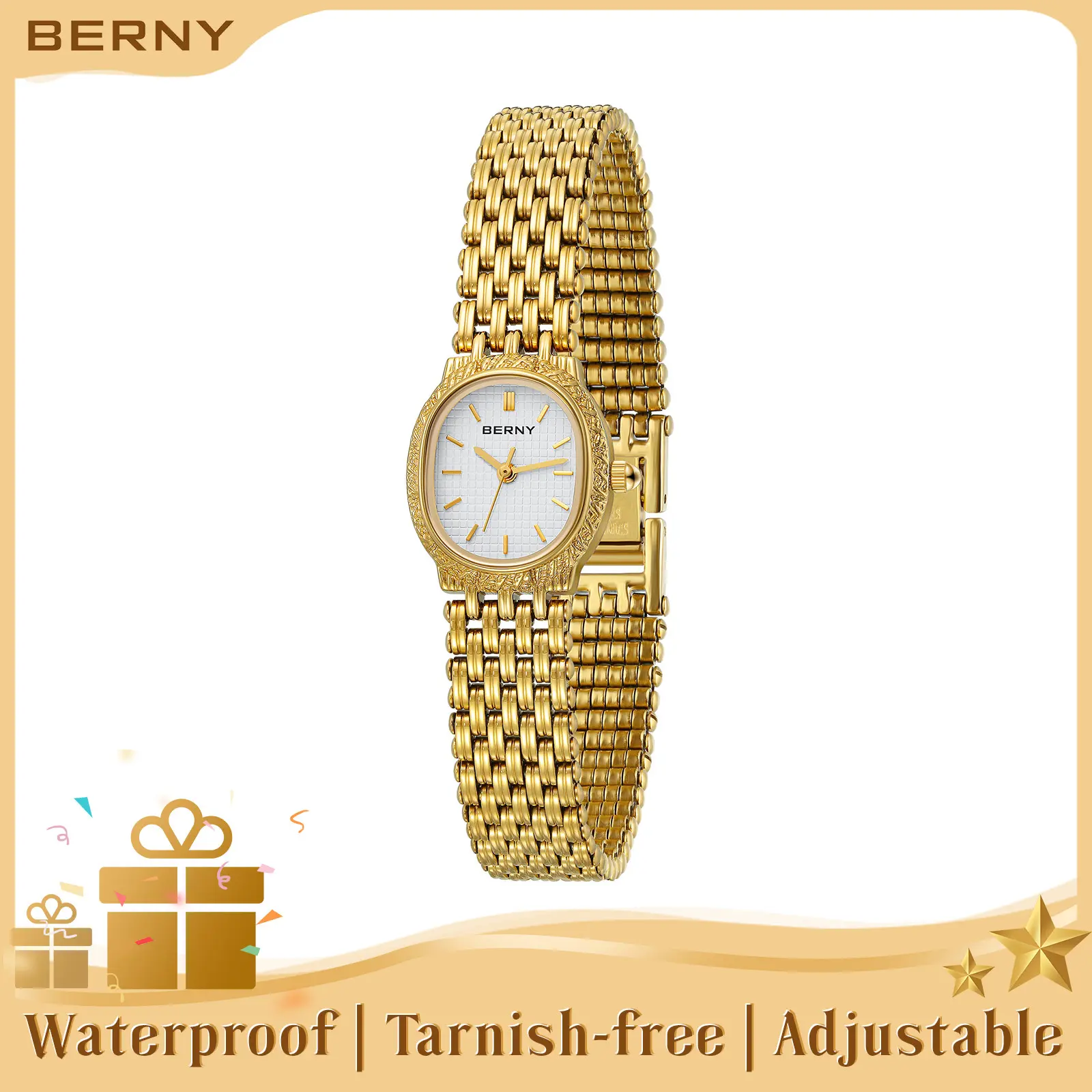 BERNY Women's Gold Watch Vintage High Quality Stainless Steel – Elegant 3ATM Waterproof Classic Fashion Quartz Wristwatch for Women, Adjustable Bracelet Tools Included, Dainty Luxury Reloj Gift for Her, Fashion Summer Accessories