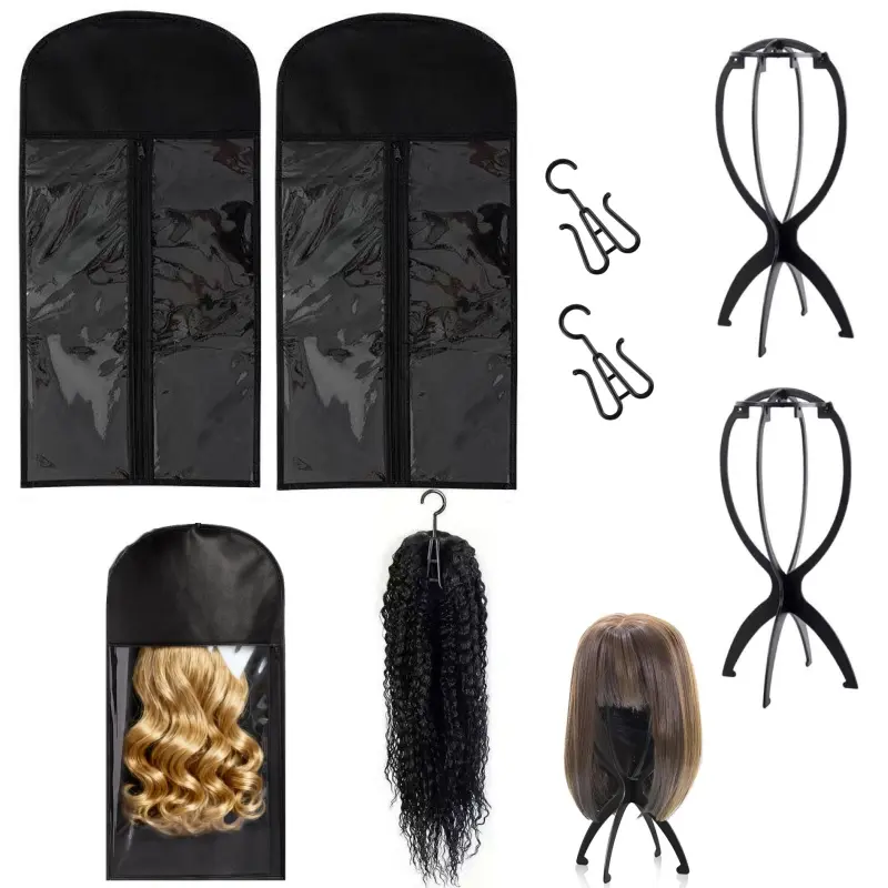 2 set Wig Storage Bags with Hanger, with Wig Head Stand, Portable Wig Bag, Home Travel Hair Salon Dust-proof and Breathable (23.6 x 11.4 in)