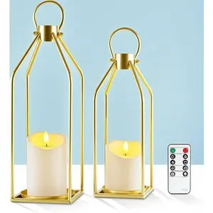 Gold Metal Candle Lantern Set with Waterproof Flameless LED Light & Remote Timer, Decorative Indoor Outdoor Lighting for Home Living Room Patio Porch, Rustic Farmhouse Table Decor, Battery Operated Easy Use Hanging Plastic Colorful Ivory