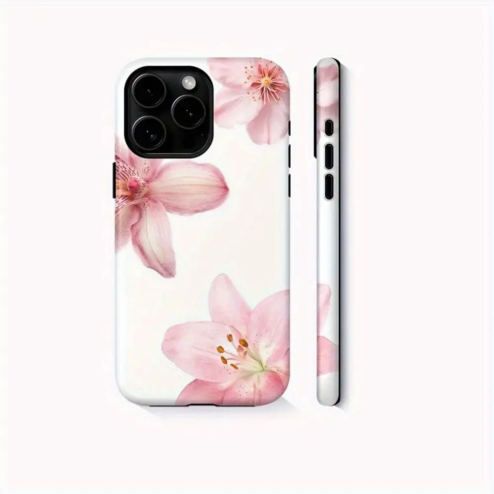 This durable, shock-absorbing, glossy 2-in-1 phone case features a pink floral pattern and is compatible with iPhone 17, 16, 15, 14, 13, 12, 11, X, and Samsung models. It makes a great holiday gift for friends or family.
