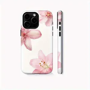 This durable, shock-absorbing, glossy 2-in-1 phone case features a pink floral pattern and is compatible with iPhone 17, 16, 15, 14, 13, 12, 11, X, and Samsung models. It makes a great holiday gift for friends or family.