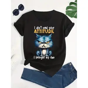 Plus Size Women's Graphic Print T-Shirt - Bold "I Don't Need Your Attitude" Sassy Cat Design, Soft Polyester Blend, Machine Washable Casual Crew Neck Short Sleeve Top for Spring/Summer, Cat Tshirt