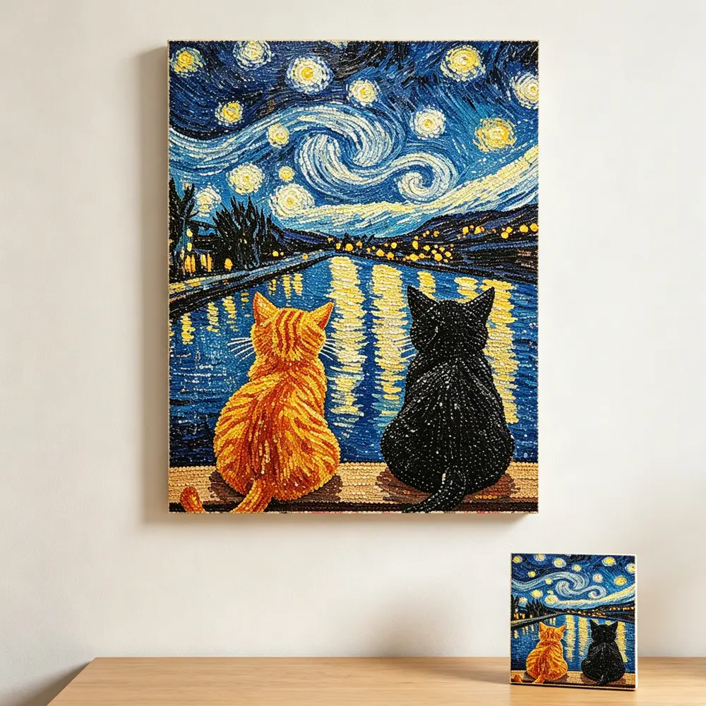 5D DIY Diamond Painting Kit, Retro Van Gogh Starry Night Over The Rhone Couple Cats, Full Rhinestone Canvas Wall Art, Beginner Craft Supplies for Adults Kids, Family DIY Gift for Living Room Bedroom Home Decor, 30×40cm(11.8×15.75inch) Diamond Art Craft