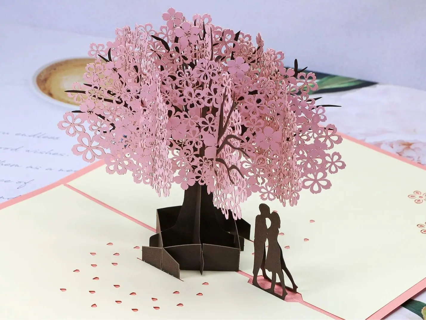 Handmade Cherry Blossom Pop Up 3D Flower Card Romantic Love Letter Greeting Anniversary Wedding Valentine Birthday Gift for Her Him Husband Wife