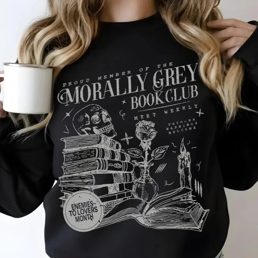 Morally Grey Book Club Sweatshirt, Romantasy Book Lover Crewneck, Unisex Reader Pullover, Gothic Skull Books Graphic, BookTok Gift