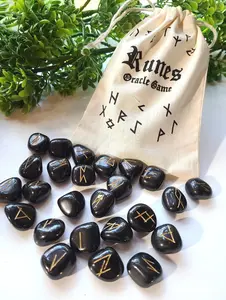 Rune Gemstone Set with Bag & Guide | Elder Futhark Rune Set, Rose Quartz, Black Tourmaline, Amethyst, Runic Symbols, Spiritual Guidance Tool