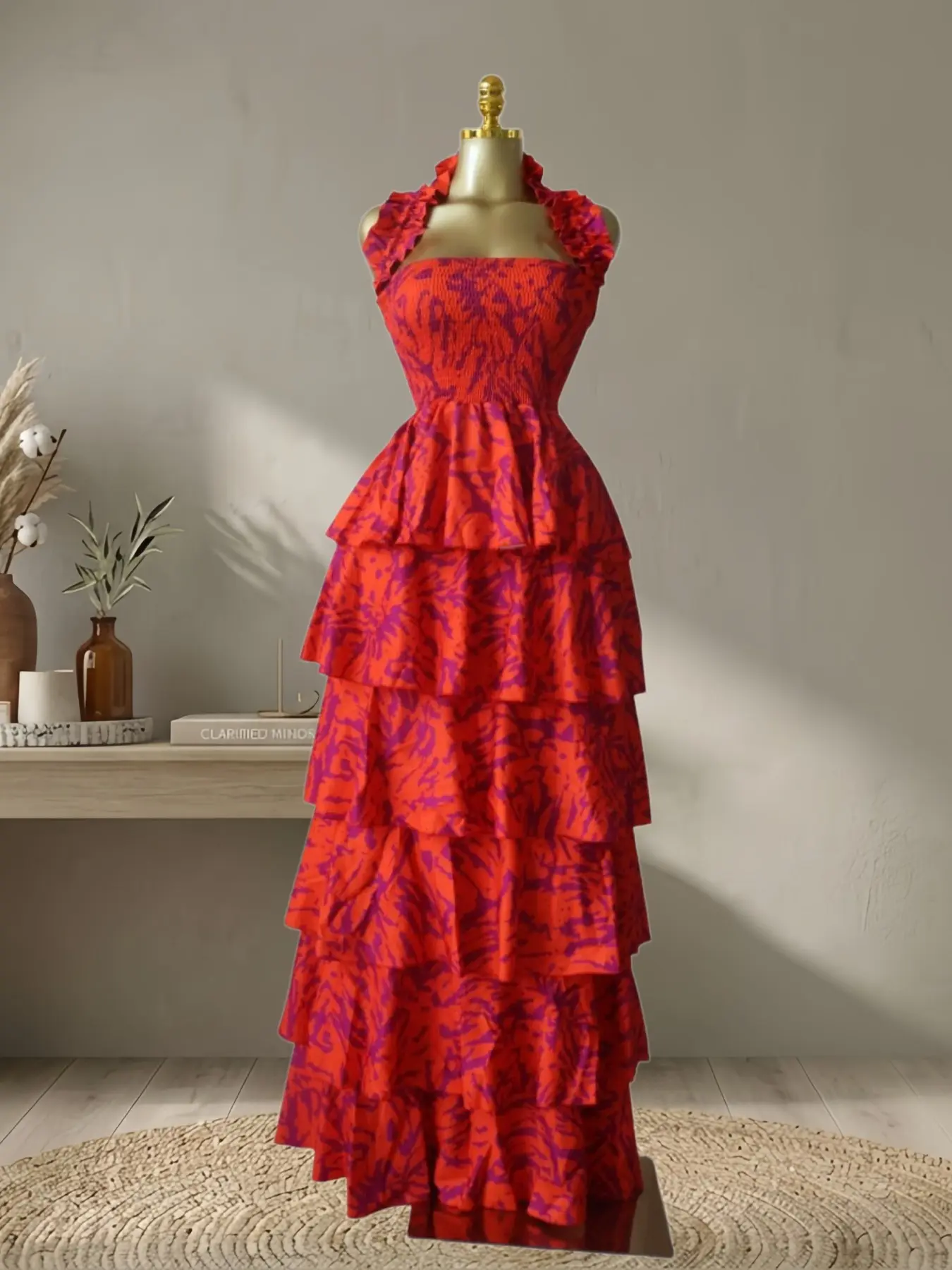 QFAF Women's Halter Neck, Floral Print Layered Ruffle Smock Maxi Dress, Fit, Party Vacation Clothes, Sexy QFAF Women's Halter Neck, Floral Print Layered Ruffle Smock Maxi Dress, Fit, Party Vacation Clothes, Sexy