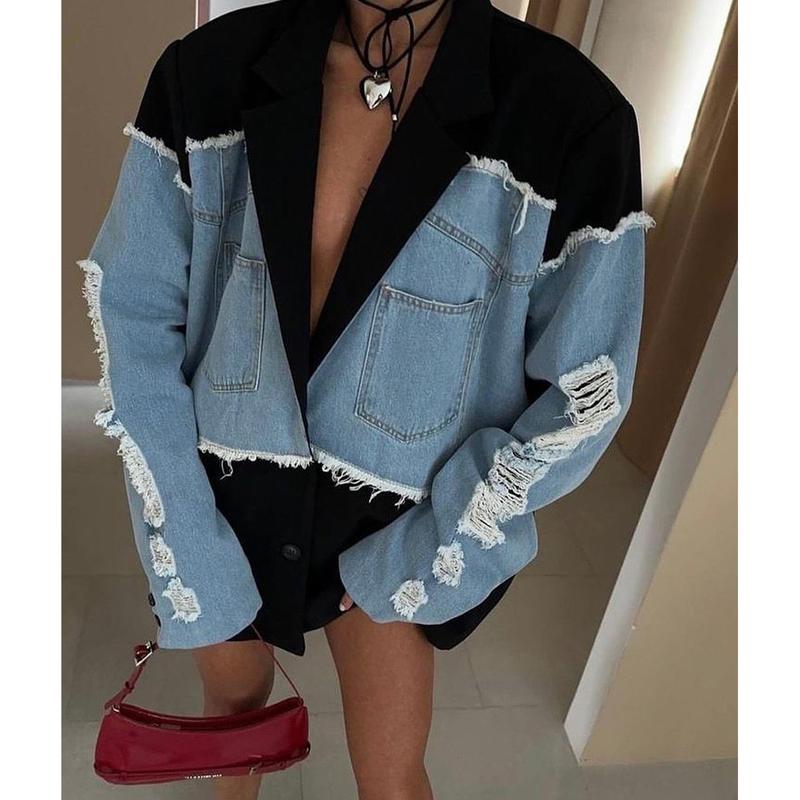 Women's Distressed Denim Patchwork Black Blazer, A Niche, Designer-style Loose Casual Color-block Jacket, Perfect For Spring, Autumn And Winter