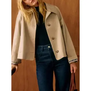 Women’s Single-Breasted Short Trench Coat, Plaid Interior, Turn-Down Collar, Loose Fit, Windbreaker, 2025 Cotton/Polyester Fabric