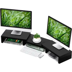 Dual Monitor Stand Riser Office Desktop Organizer Stand for 2 Monitors, Adjustable Length and Angle 3 Shelf, Extra Long Multifunctional Wooden Stand up to 43.3" fit Computer, Laptop, TV, Black