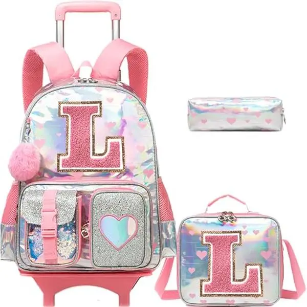 Elementary School Girls' Glitter Letter L Holographic 3-in-1 Rolling Backpack Set - Insulated Lunch Bag, Pencil Case, Adjustable Telescopic Handle