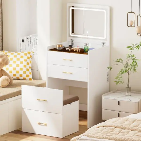 Bellemave Small Space Vanity Table Set with 3 Adjustable Lighted Mirror, Storage Drawers, and Storage Chair for Versatile Use Bellemave Small Space Vanity Table Set with 3 Adjustable Lighted Mirror, Storage Drawers, and Storage Chair for Versatile Use