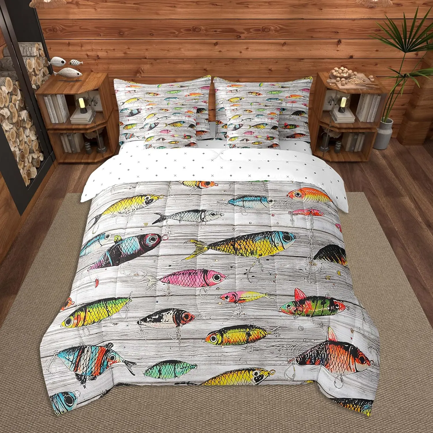 Fishing Bait Comforter Set 7 Pieces Fishing and Hunting Bedding Set for Kids Boys Girls Country Wood Bed in a Bag with Comforter + Sheets + Pillowcases + Cushion Covers