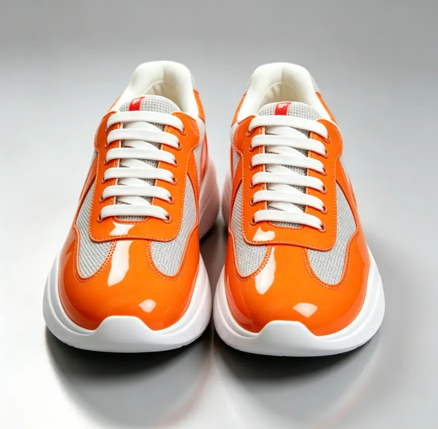 Men's Running Shoes - 2-Tone High-Gloss Patent Leather & Breathable Mesh, Lace-Up, Lightweight White Sole, Suitable for Daily Wear & Outdoor Sports