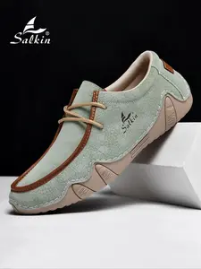 Men's Handmade Fashion Loafers, All-Season Low Top Lace-Up Casual Flat Shoes, Outdoor Hiking Walking Shoes Non-Slip Rubber Driving Shoes, Comfortable Breathable Design