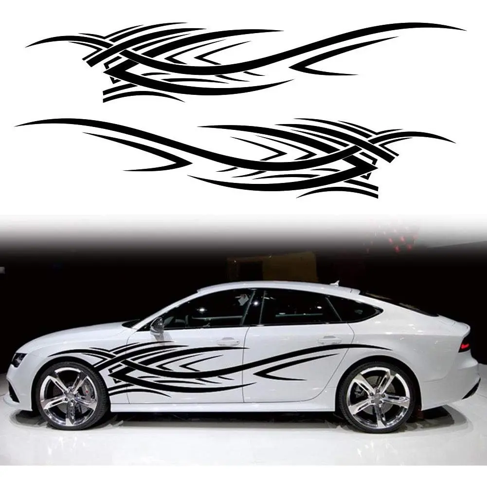 2Pcs 94.4in Universal Self-Adhesive Flame Racing Sports Side Strips - Automotive Vinyl Decal, Permanent Stickers, Vinyl Wrap for Cars/SUVs/Trucks, Enhances Looks, Vehicle Exterior Decoration